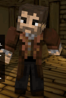 a minecraft character with a beard is standing on a wooden floor