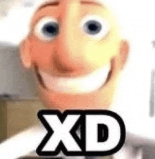 a close up of a cartoon character smiling with the words `` xd '' written on it .