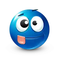 a blue smiley face with big eyes sticking its tongue out