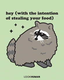 an illustration of a raccoon with the words hey ( with the intention of stealing your food )