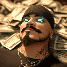 a man with a beard is laying on a pile of money with his eyes lit up