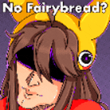 a pixel art of a girl wearing a headband that says no fairybread on it