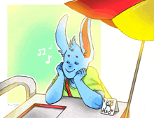 a drawing of a blue bunny with a sign saying i love hugs