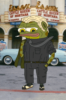 a cartoon of a frog standing in front of a theater called essen