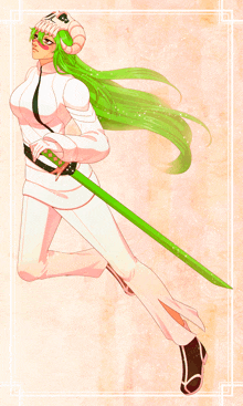 a drawing of a woman with green hair holding a sword