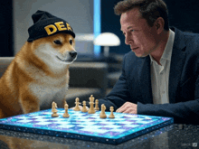 a dog wearing a beanie that says dea looks at a man playing chess