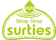 a green logo for shop drop surties with a drop of water on it