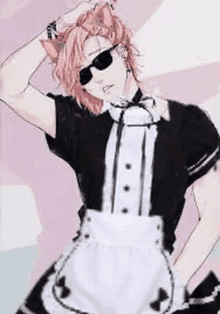 a man with pink hair and cat ears is wearing a maid outfit and sunglasses .