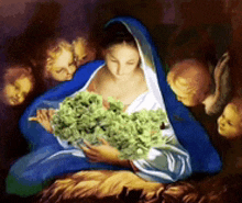 a painting of a woman in a blue robe holding a bouquet of green flowers