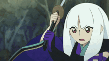 a cartoon character with white hair and purple gloves holds a sword