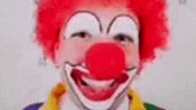 a close up of a clown with a red wig and red nose .