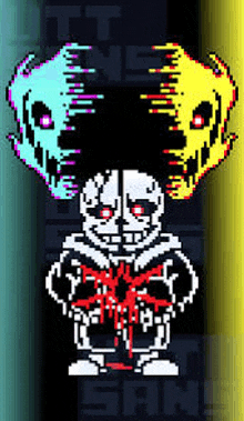 a pixel art of a skeleton with two skulls on his head and a bloody heart .