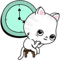 a cartoon cat is sitting on a stool with a clock behind it