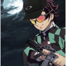 a cartoon character wearing an oakley hat and sunglasses holds a gun