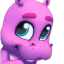 a close up of a pink cartoon hippopotamus 's face with big eyes .