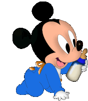 a baby mickey mouse is crawling and drinking milk from a bottle