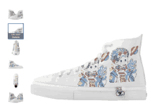 a pair of white high top sneakers with a drawing of a cat on the side