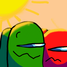 a cartoon drawing of a green cactus and a red apple with the sun in the background