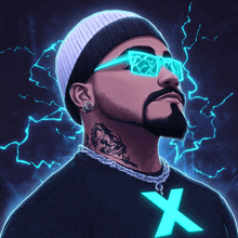 a man with a beard wearing sunglasses and a chain around his neck has a glowing x on his shirt