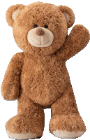 a brown teddy bear is standing up and waving