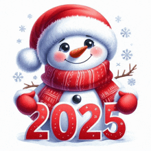 a snowman wearing a santa hat and scarf is holding a sign that says 2025