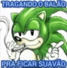 a green sonic the hedgehog is smoking a cigarette and holding a cigarette in his mouth .