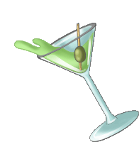 a martini glass with a green liquid and an olive sticking out of it