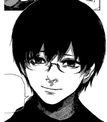 a black and white drawing of a boy with glasses on his face