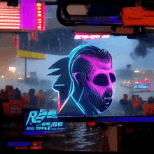 a neon sign with a man 's face and the word race on it