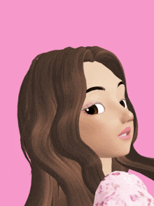 a cartoon girl with long brown hair is wearing a pink floral shirt