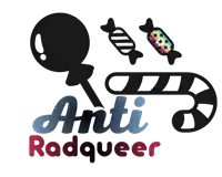 a logo for anti radqueer with a candy cane and dna