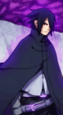 a man with purple hair is wearing a cape