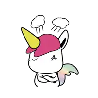 a unicorn wearing a pink hat with steam coming out of it 's horn .