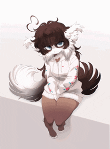 a drawing of a furry character wearing a white hoodie with flowers on the sleeves