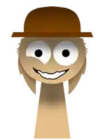 a cartoon character wearing a brown hat with a big smile on his face