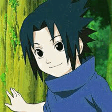 sasuke uchiha from naruto is standing next to a tree in the woods .