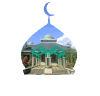 a green mosque with a blue crescent moon above it