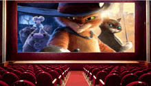 a movie screen shows a cat in a cowboy hat