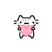 a cat is holding a pink heart in its hands .