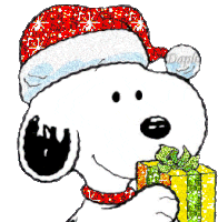 snoopy wearing a santa hat and holding a gift