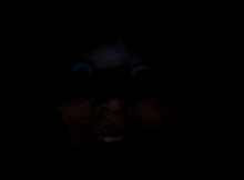 a blurry picture of a person 's face in the dark with glowing eyes .