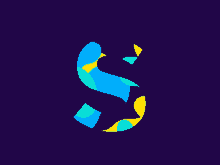 a blue and yellow letter s on a dark purple background