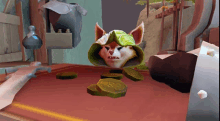 a fox wearing a green hat is surrounded by coins