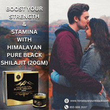 a man and woman are kissing in front of a box of himalayan pure black shilajit