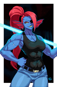 a cartoon drawing of a woman with blue muscles