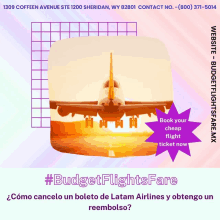 an advertisement for budget flights fare shows an airplane taking off from an airport