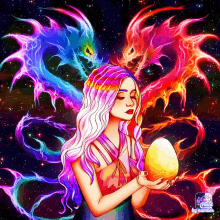 a colorful drawing of a woman holding an egg in front of a dragon