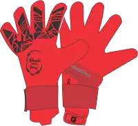 a pair of red goalie gloves with a gorilla on them