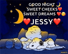 a picture of snoopy and charlie brown sleeping with the words good night sweet cheeks sweet dreams jessy above them