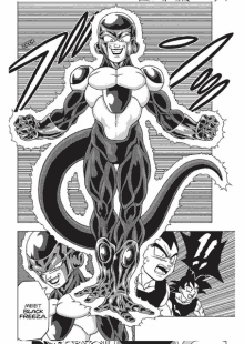 a black and white drawing of a superhero with the words meet me freeza